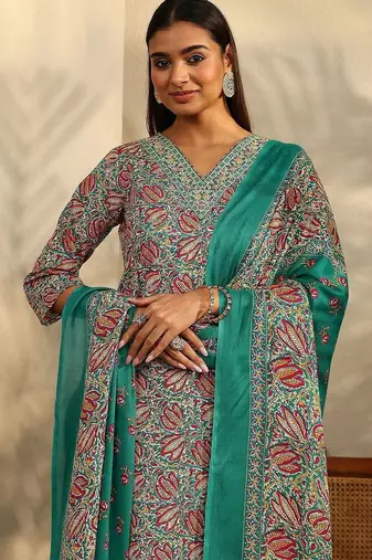 women ethnic motifs printed regular kurta with trousers & with dupatta