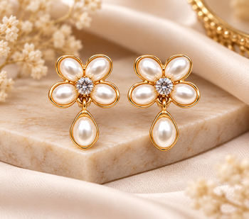 Anti-tarnish, teardrop pendant, stud back, faux pearl petals, festive wear 2