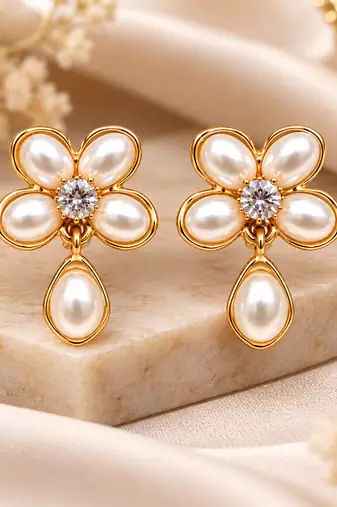 Anti-tarnish, teardrop pendant, stud back, faux pearl petals, festive wear
