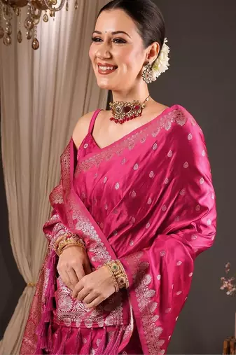 Magenta woven design zari silk blend designer banarasi saree