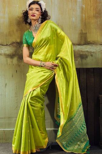 Lime silk blend designer banarasi saree