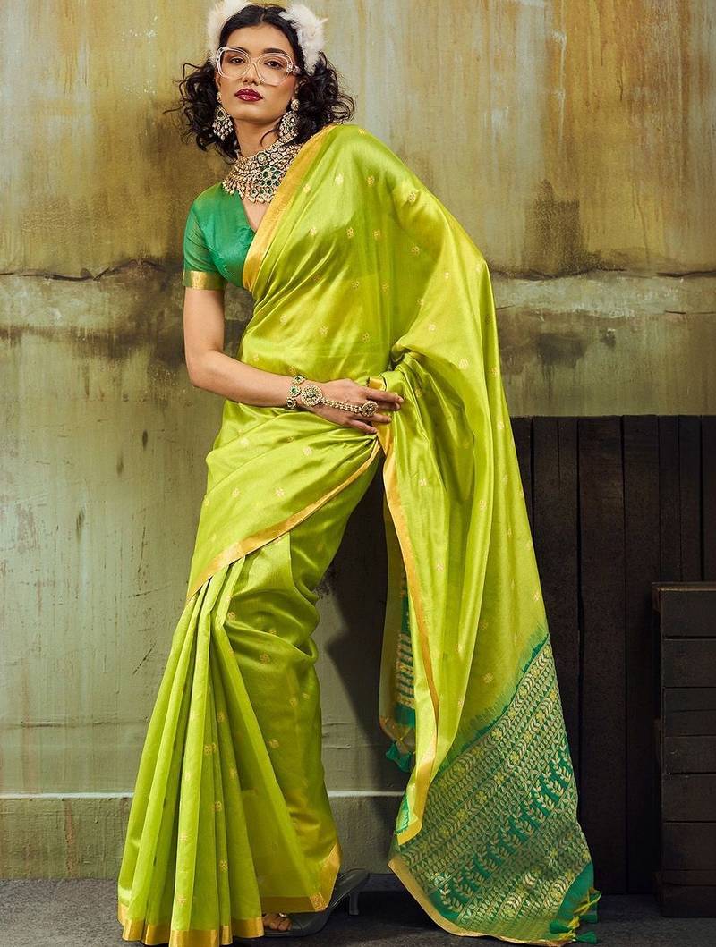 Lime silk blend designer banarasi saree