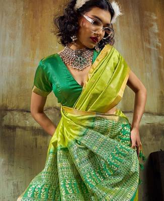Lime silk blend designer banarasi saree 2