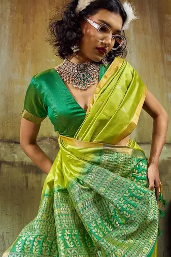 Lime silk blend designer banarasi saree