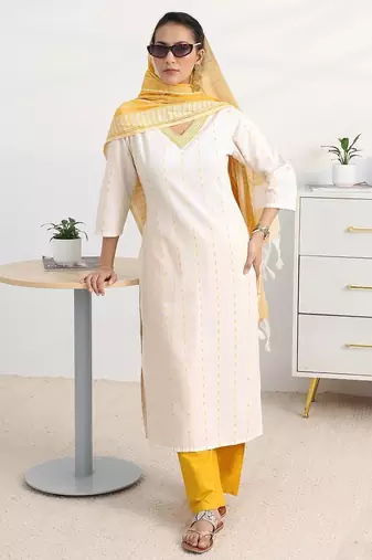libas white woven design straight suit set with dupatta