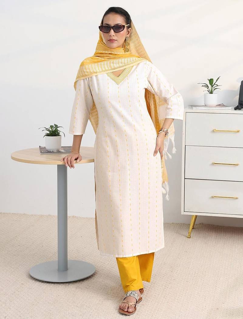 libas white woven design straight suit set with dupatta