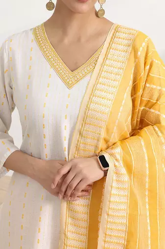 libas white woven design straight suit set with dupatta