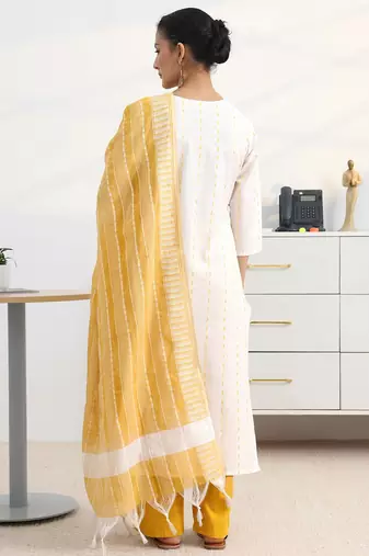 libas white woven design straight suit set with dupatta