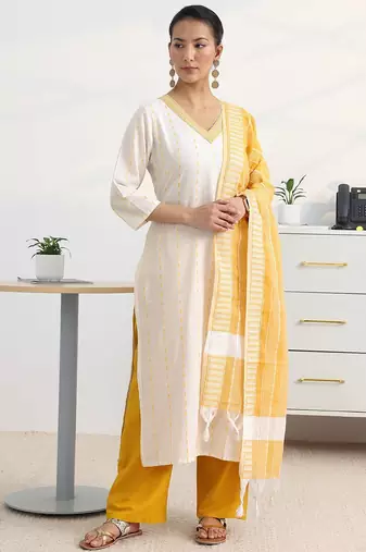 libas white woven design straight suit set with dupatta