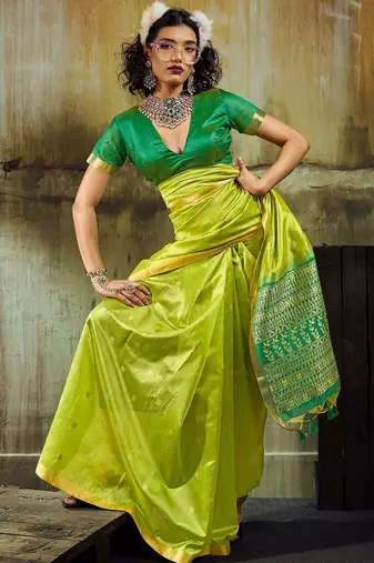 Lime silk blend designer banarasi saree
