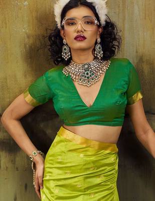 Lime silk blend designer banarasi saree 5