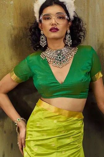 Lime silk blend designer banarasi saree