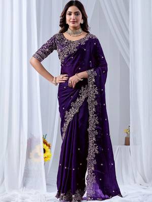 Purple ethnic motifs embroidered silk blend designer saree 1