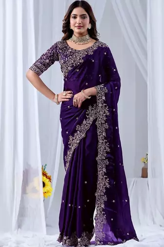 Purple ethnic motifs embroidered silk blend designer saree