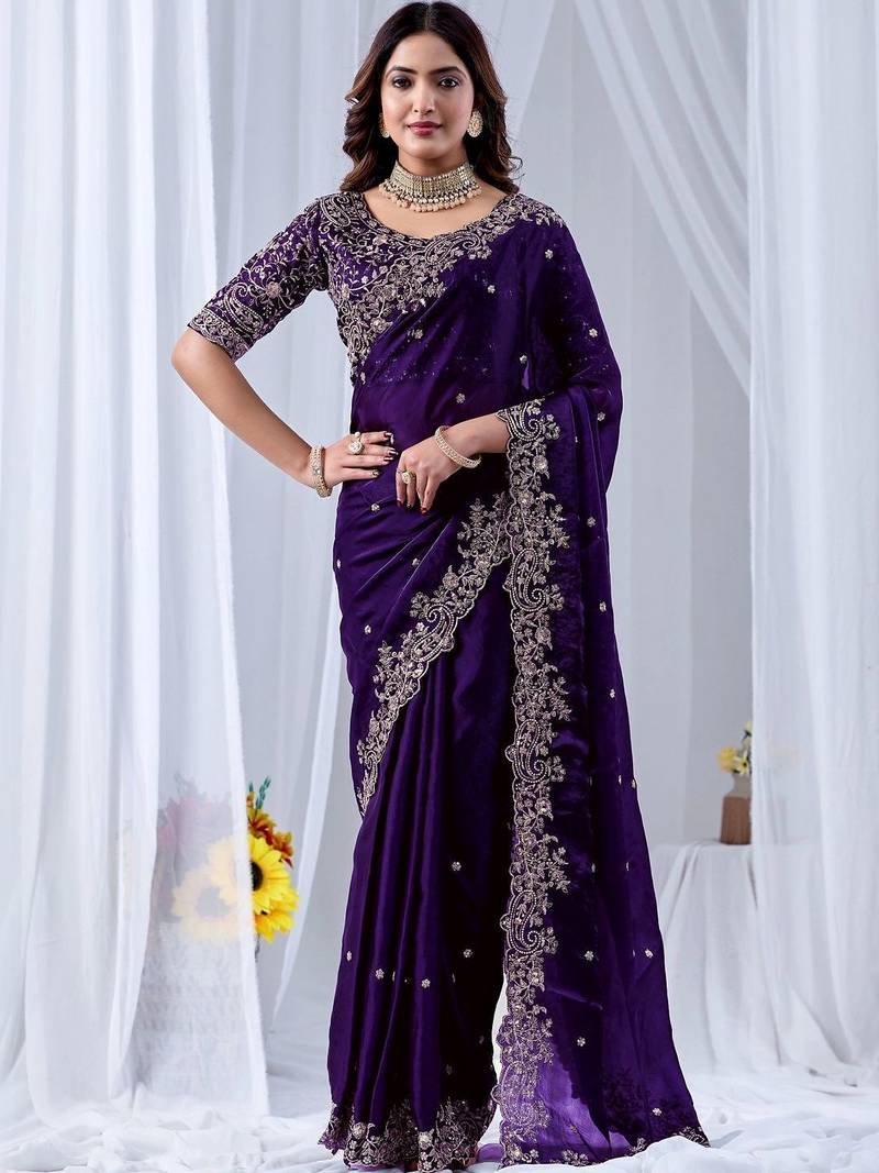 Purple ethnic motifs embroidered silk blend designer saree
