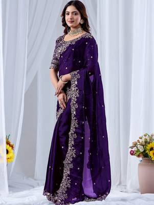 Purple ethnic motifs embroidered silk blend designer saree 2