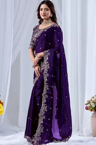 Purple ethnic motifs embroidered silk blend designer saree
