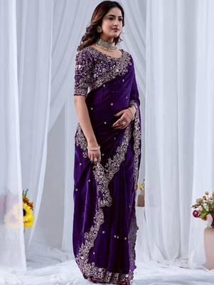 Purple ethnic motifs embroidered silk blend designer saree 3