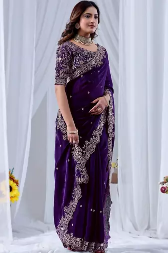 Purple ethnic motifs embroidered silk blend designer saree