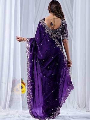 Purple ethnic motifs embroidered silk blend designer saree 4