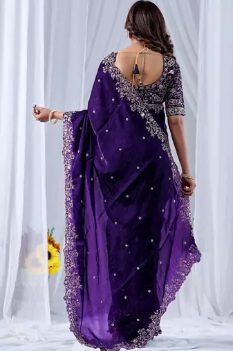 Purple ethnic motifs embroidered silk blend designer saree