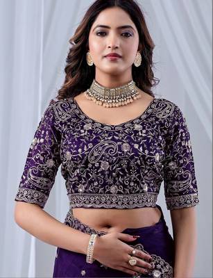 Purple ethnic motifs embroidered silk blend designer saree 5