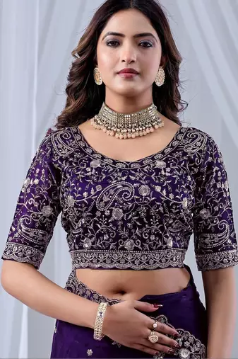 Purple ethnic motifs embroidered silk blend designer saree