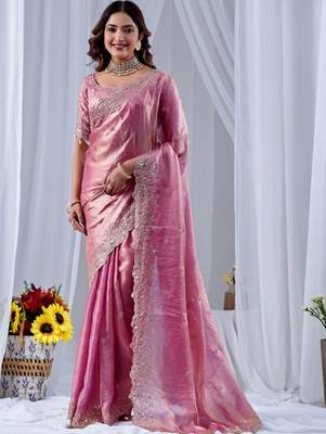 Pink ethnic motifs embroidered silk blend designer saree 1