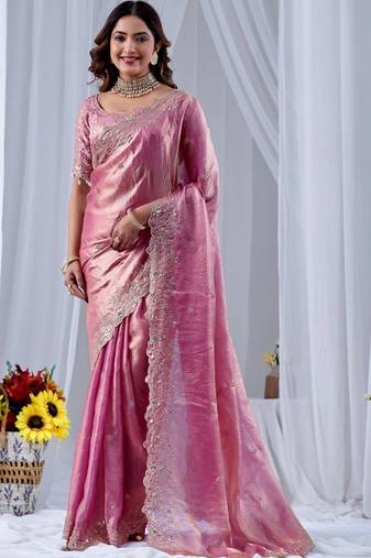 Pink ethnic motifs embroidered silk blend designer saree