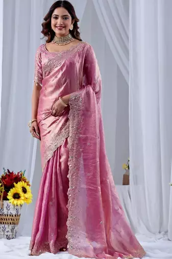 Pink ethnic motifs embroidered silk blend designer saree