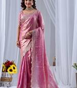 Pink ethnic motifs embroidered silk blend designer saree