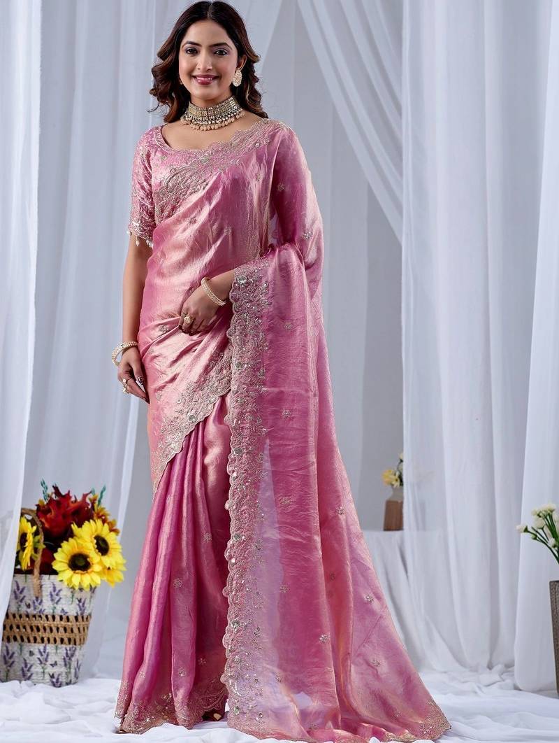 Pink ethnic motifs embroidered silk blend designer saree