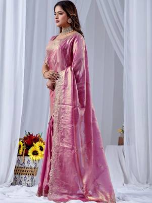 Pink ethnic motifs embroidered silk blend designer saree 2