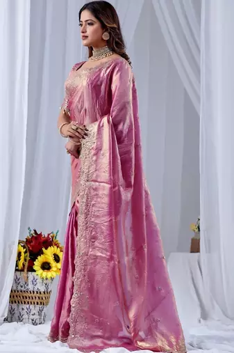 Pink ethnic motifs embroidered silk blend designer saree