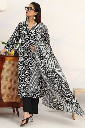 women ethnic motifs printed regular kurta with trousers & with dupatta