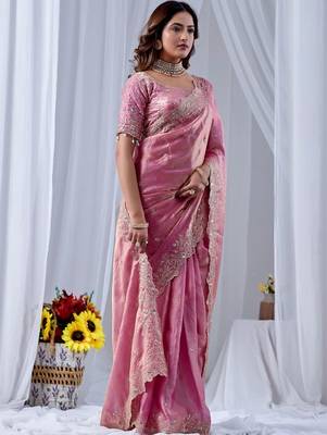 Pink ethnic motifs embroidered silk blend designer saree 3