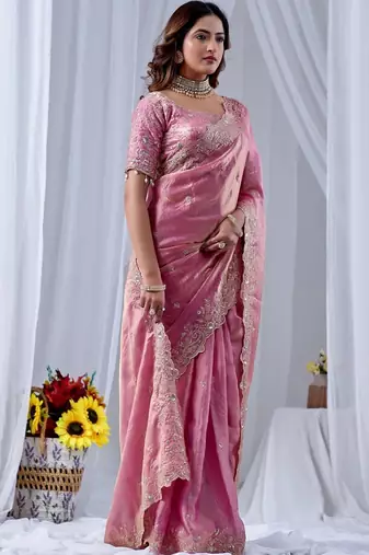 Pink ethnic motifs embroidered silk blend designer saree