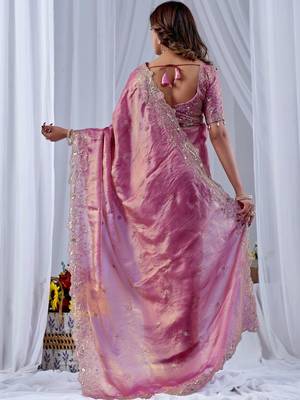 Pink ethnic motifs embroidered silk blend designer saree 4