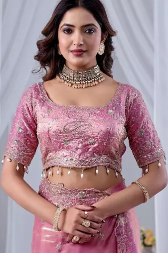 Pink ethnic motifs embroidered silk blend designer saree