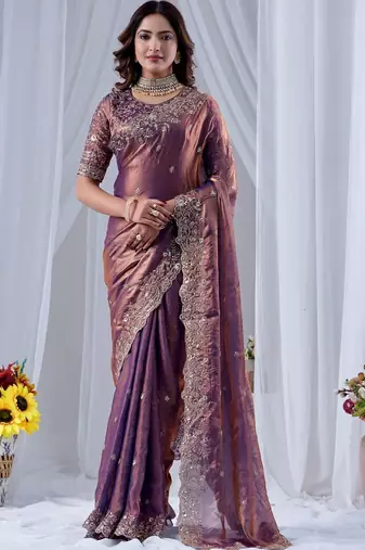 Purple ethnic motifs embroidered silk blend designer saree