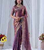 Purple ethnic motifs embroidered silk blend designer saree
