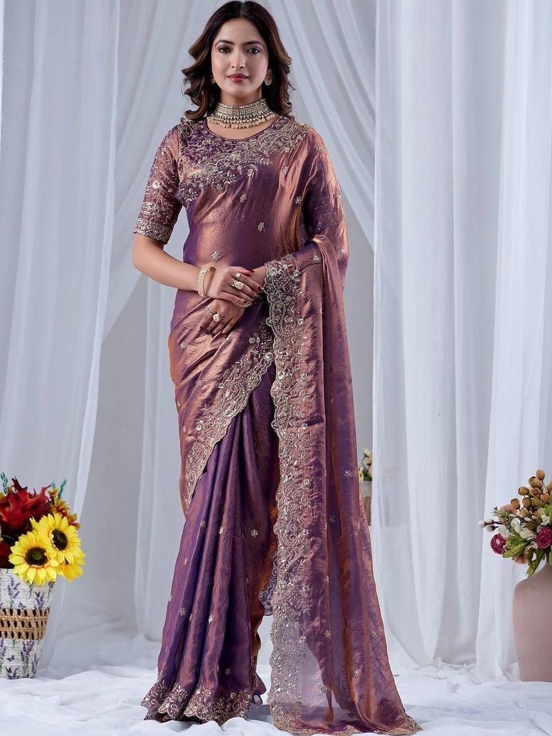 Purple ethnic motifs embroidered silk blend designer saree