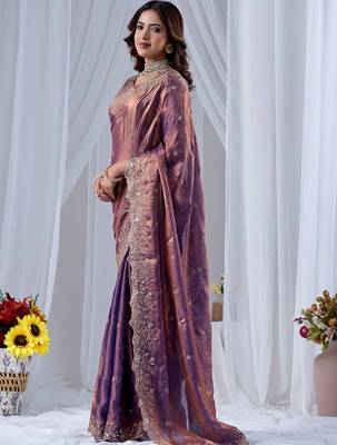 Purple ethnic motifs embroidered silk blend designer saree 2