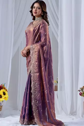 Purple ethnic motifs embroidered silk blend designer saree