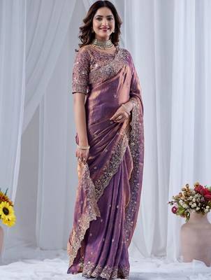 Purple ethnic motifs embroidered silk blend designer saree 3