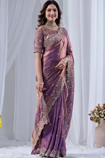 Purple ethnic motifs embroidered silk blend designer saree