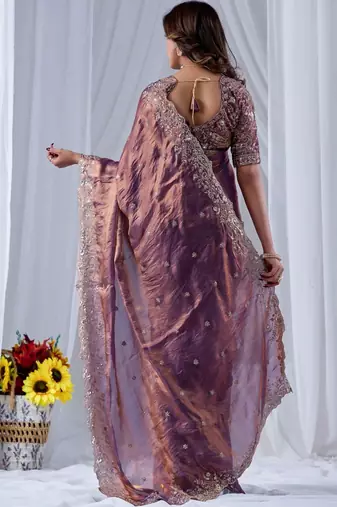 Purple ethnic motifs embroidered silk blend designer saree
