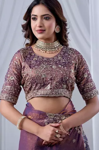 Purple ethnic motifs embroidered silk blend designer saree