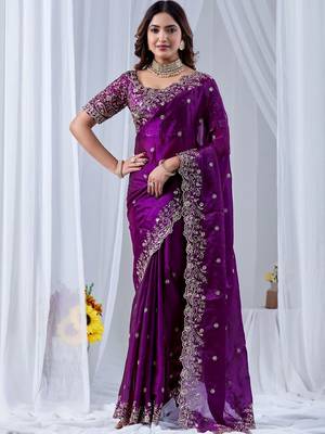 Purple floral embroidered silk blend designer saree 1