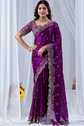 Purple floral embroidered silk blend designer saree